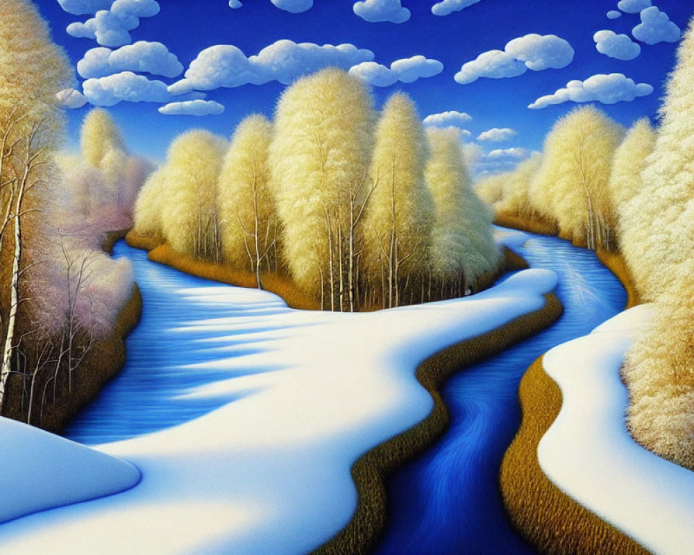 Surreal landscape with golden trees, blue river, and fluffy clouds