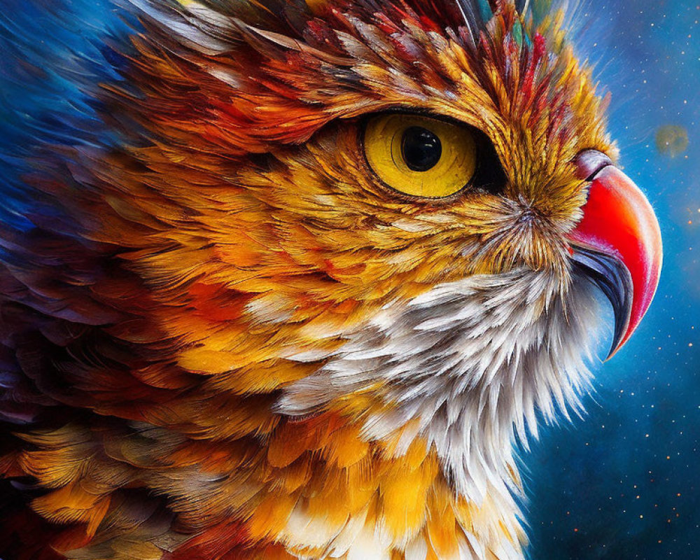 Colorful Bird Close-Up: Vibrant Eye, Beak, and Textured Feathers on Blue