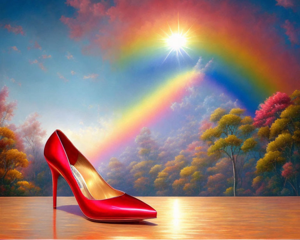 Vibrant red high-heeled shoe on wooden surface with colorful backdrop