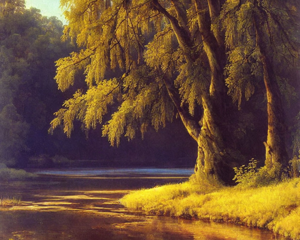 Tranquil riverside scene at dawn or dusk with golden sunlight and lush green trees.