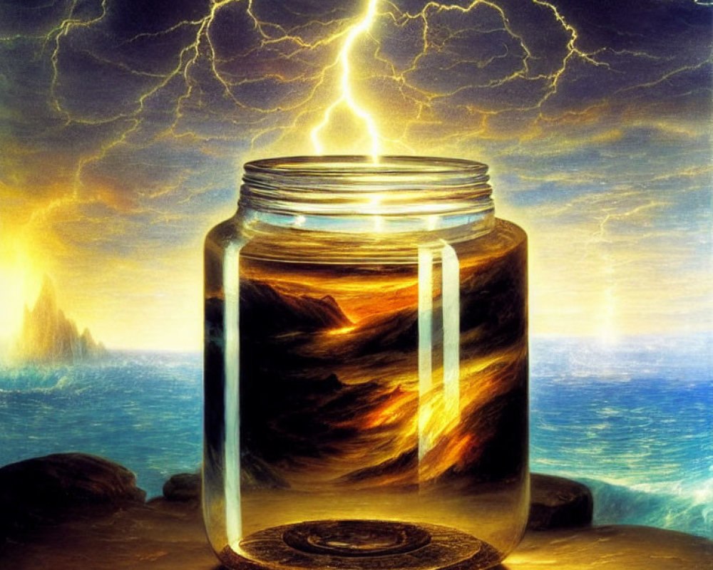 Transparent glass jar with stormy ocean scene under lightning sky