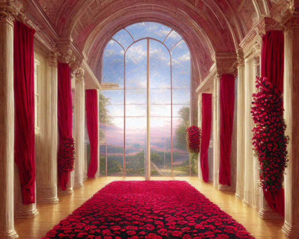 Luxurious Room with Arched Windows, Red Drapery, Rose Carpet, and Sunrise View