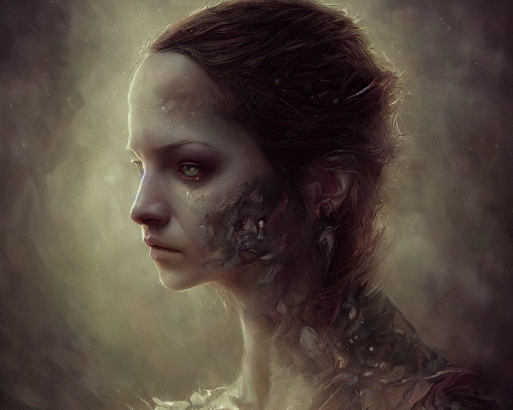 Ethereal portrait of woman with tree bark-like skin