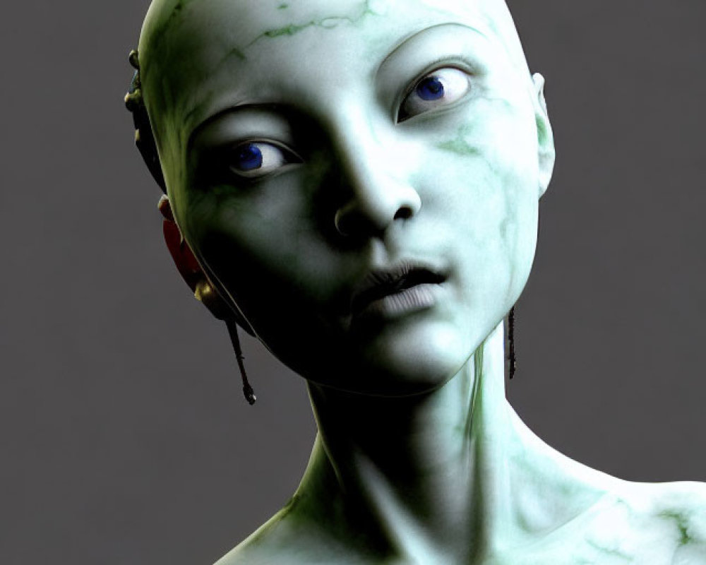 Green Marbled Skin Humanoid Creature with Blue Eyes & Horn-like Appendages