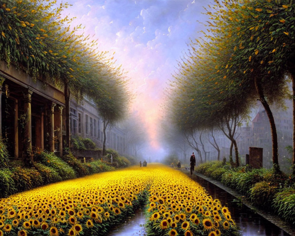 Tranquil sunflower pathway with misty ambiance