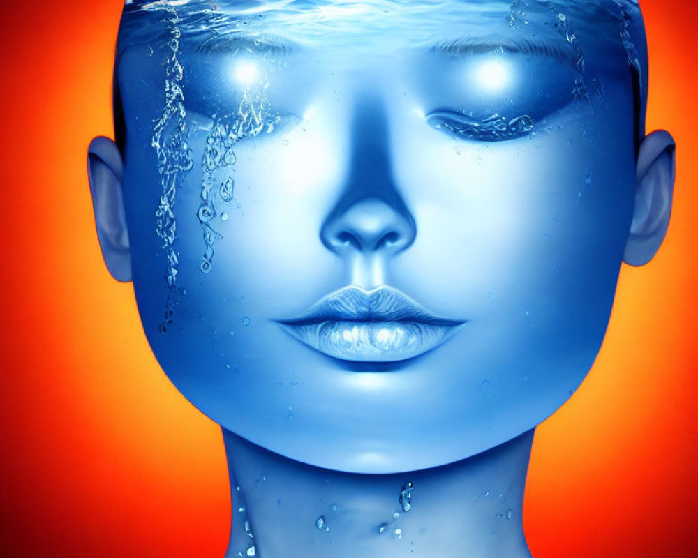 Face partially submerged in water with bubbles on orange backdrop
