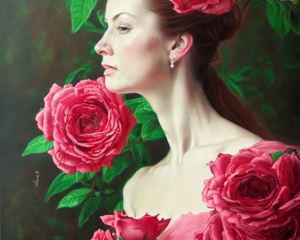 Woman with Red Roses in Hair and Dress, Detailed Portrait in Realistic Style