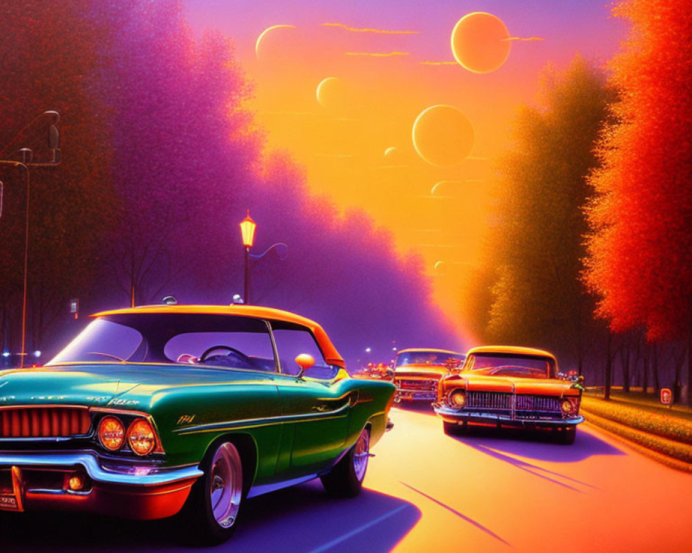 Vibrant street scene with classic cars under surreal orange sky