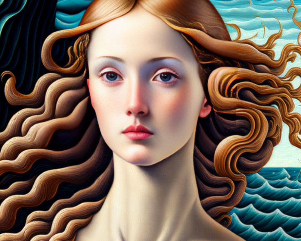Detailed surreal portrait of woman with flowing hair blending into waves