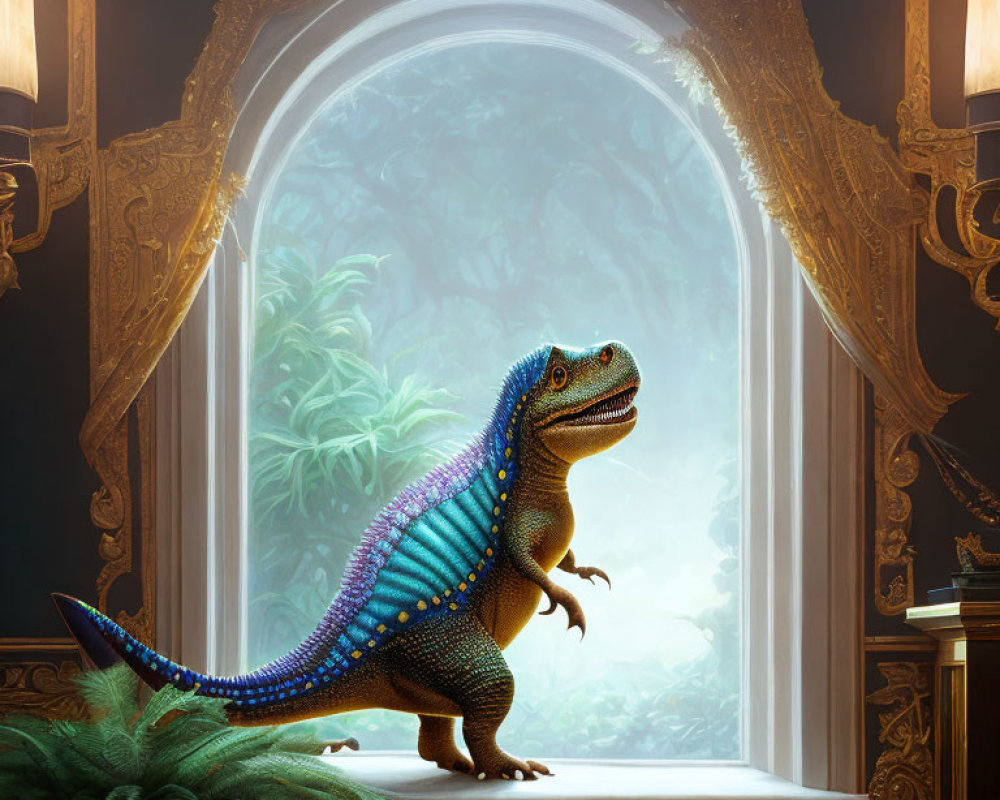 Colorful dinosaur with blue spines in ornate golden arches window overlooking forest