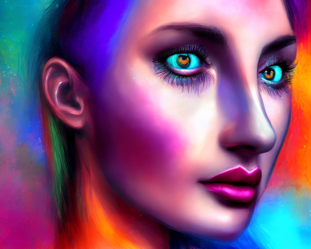 Colorful digital portrait of a woman with blue eyes and vibrant skin tones