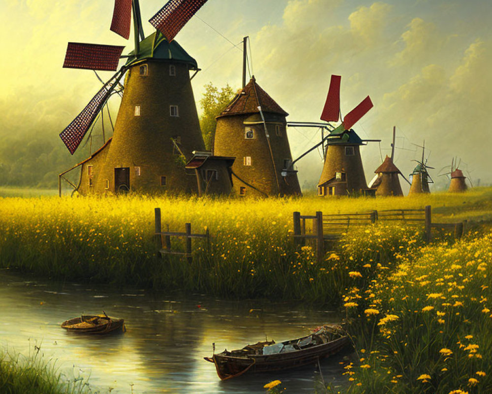Tranquil landscape with windmills, river, yellow flowers, and boats