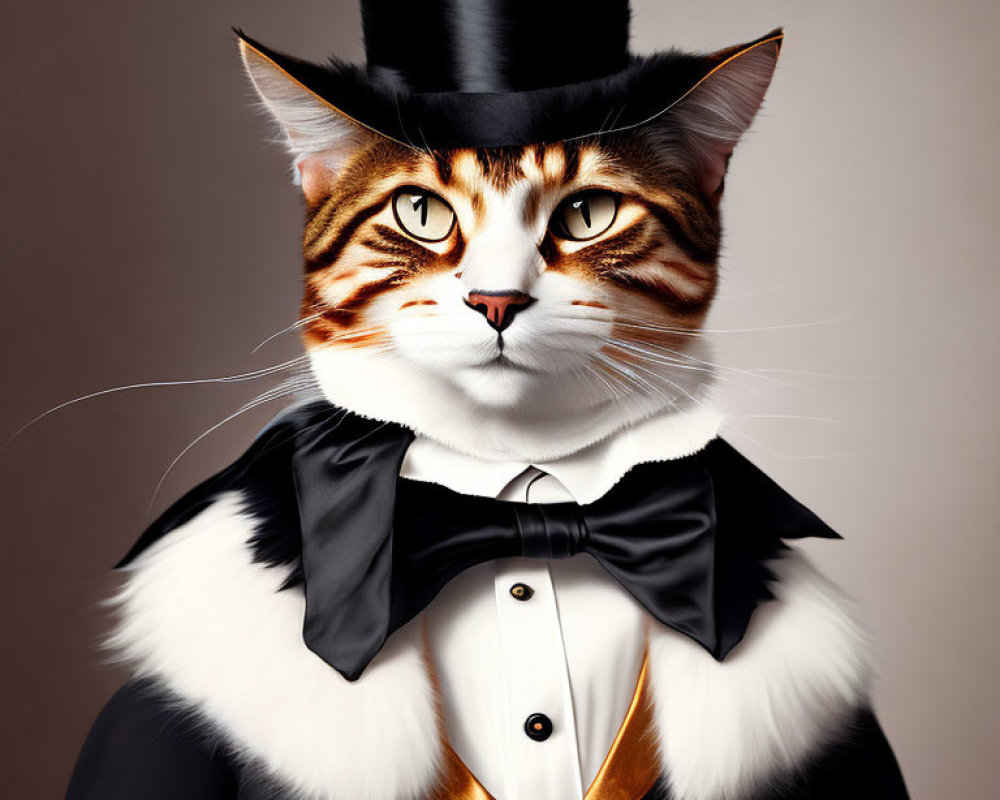Digital Artwork: Cat with Human-Like Features in Tuxedo & Top Hat