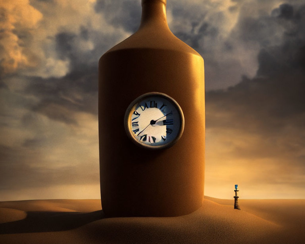 Clock face bottle in desert with tiny human under dramatic sky