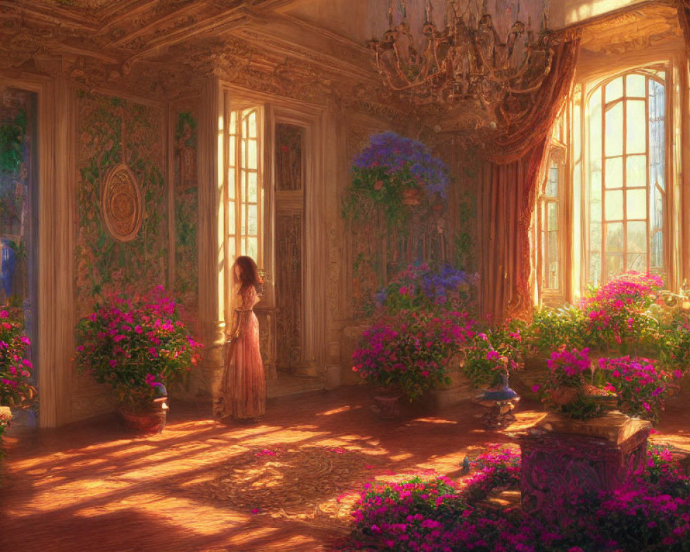 Luxurious room with sunlight, person by window, lush plants, intricate architecture