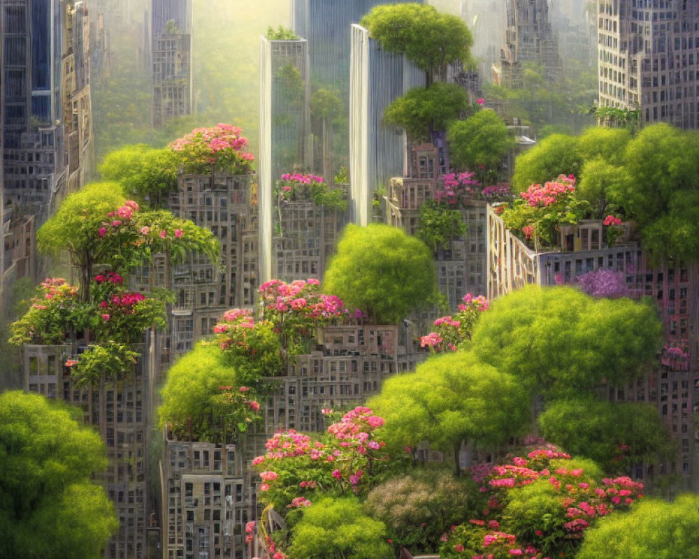 Green cityscape with towering buildings and lush vegetation under soft light