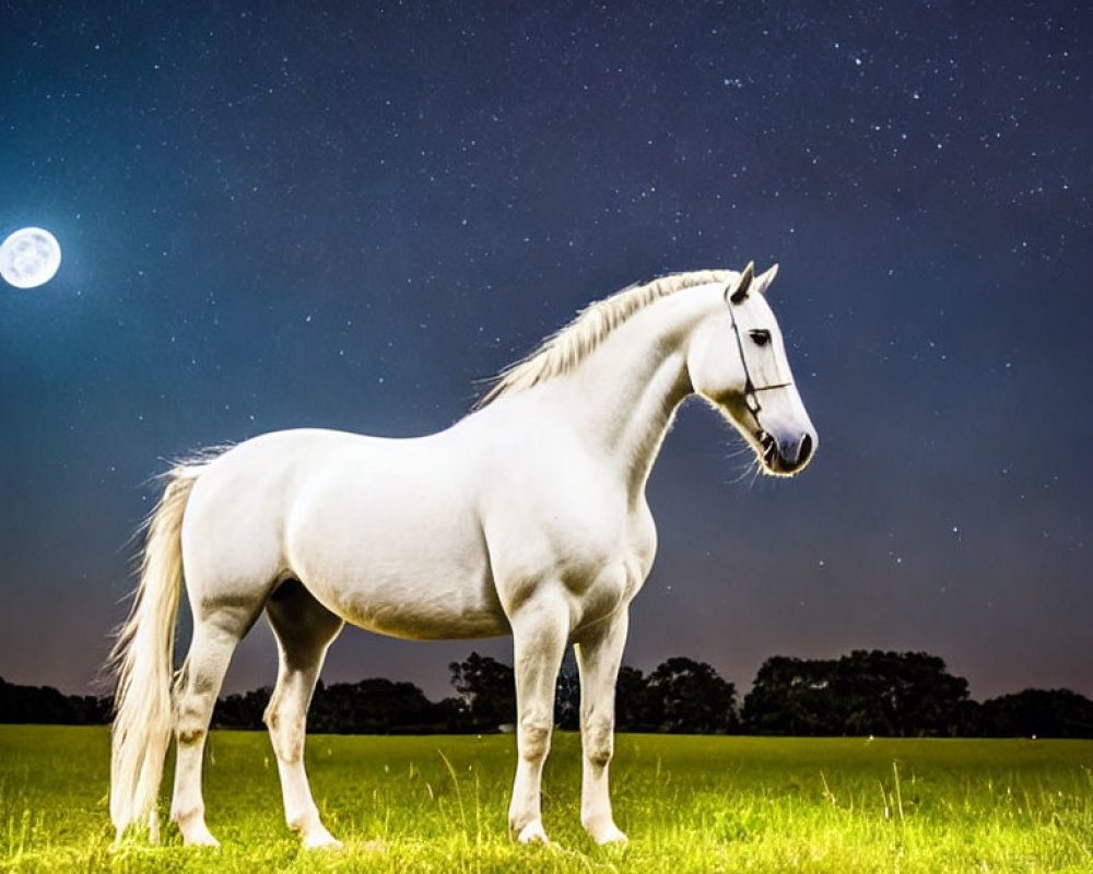 Majestic white horse under starry night sky on green grass
