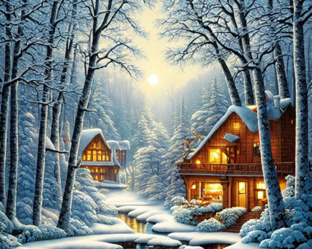 Winter Scene: Cozy Houses in Snowy Forest by Tranquil Stream