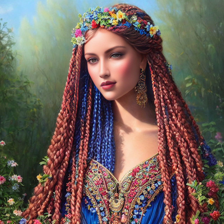 Colorful Braided Hair Woman in Flower Crown and Embroidered Top against Nature Background