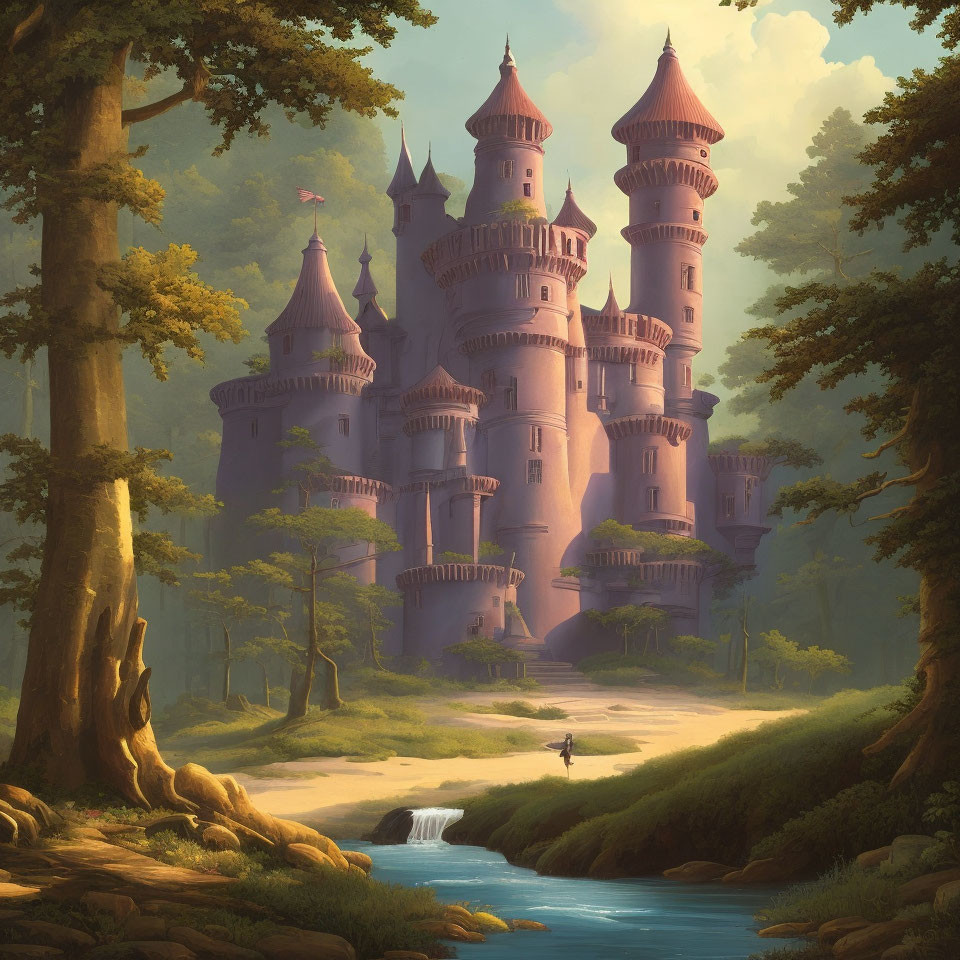 Majestic castle with spires in tranquil forest under warm sunlight
