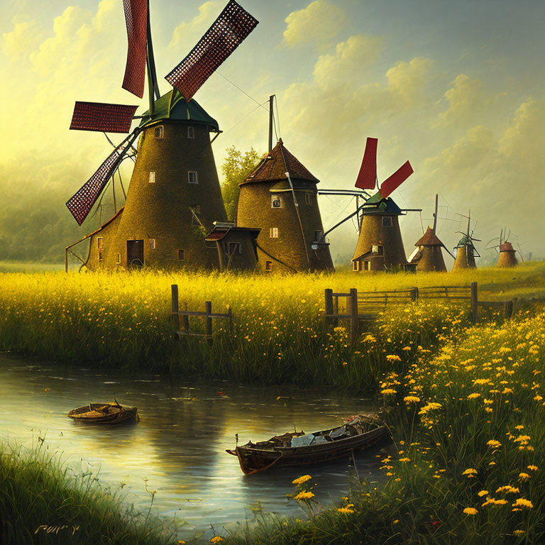 Tranquil landscape with windmills, river, yellow flowers, and boats