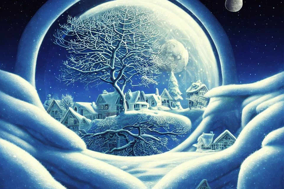 Snow-covered village and leafless tree under full moon