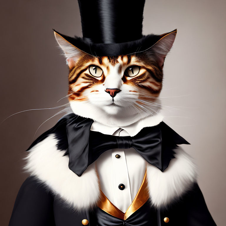Digital Artwork: Cat with Human-Like Features in Tuxedo & Top Hat