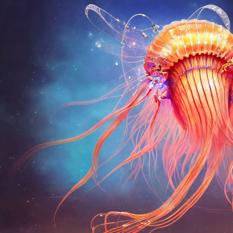 Vibrant orange jellyfish in cosmic star-filled background