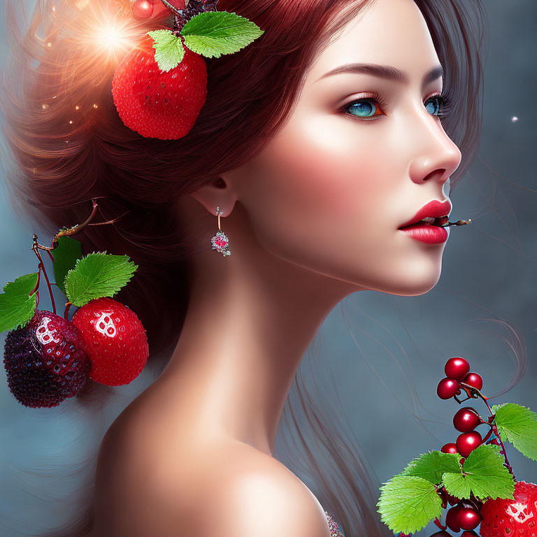 Digital art portrait of woman with berry-themed accessories, radiant skin, and blue eyes on blue background