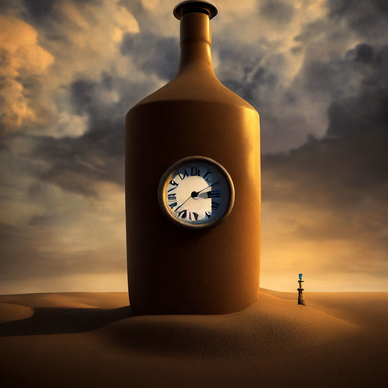 Clock face bottle in desert with tiny human under dramatic sky