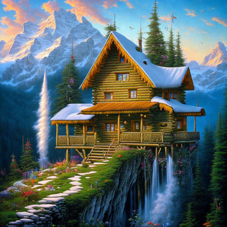 Scenic wooden cabin on waterfall in lush forest