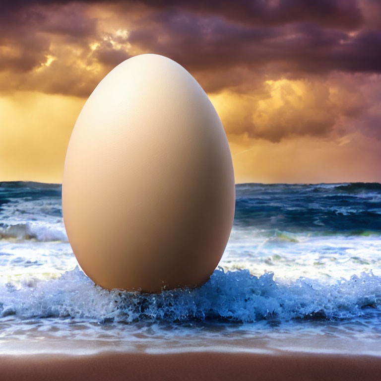 Large Egg on Beach with Sunset Sky and Waves