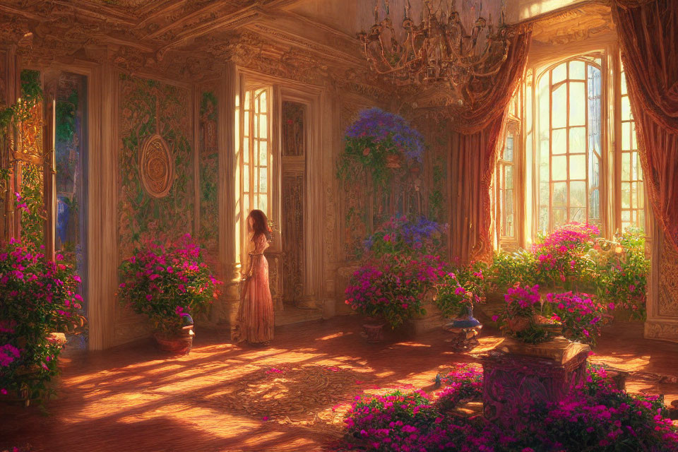 Luxurious room with sunlight, person by window, lush plants, intricate architecture