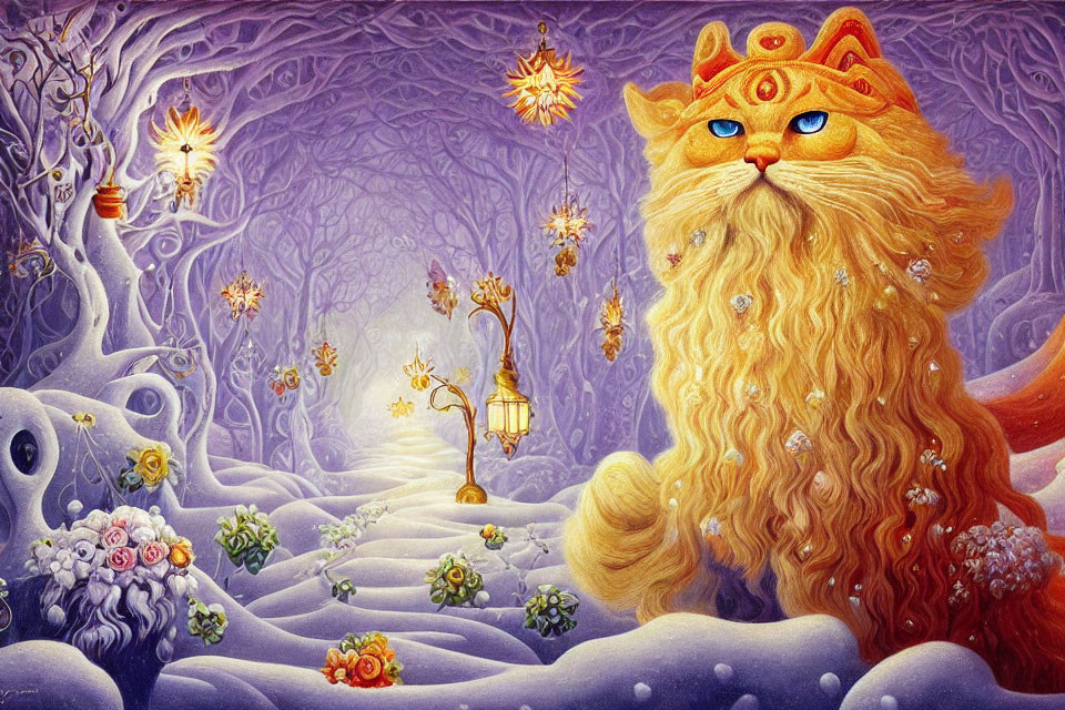 Colorful painting: Large orange cat in fantasy forest with lanterns, flowers, and glowing star