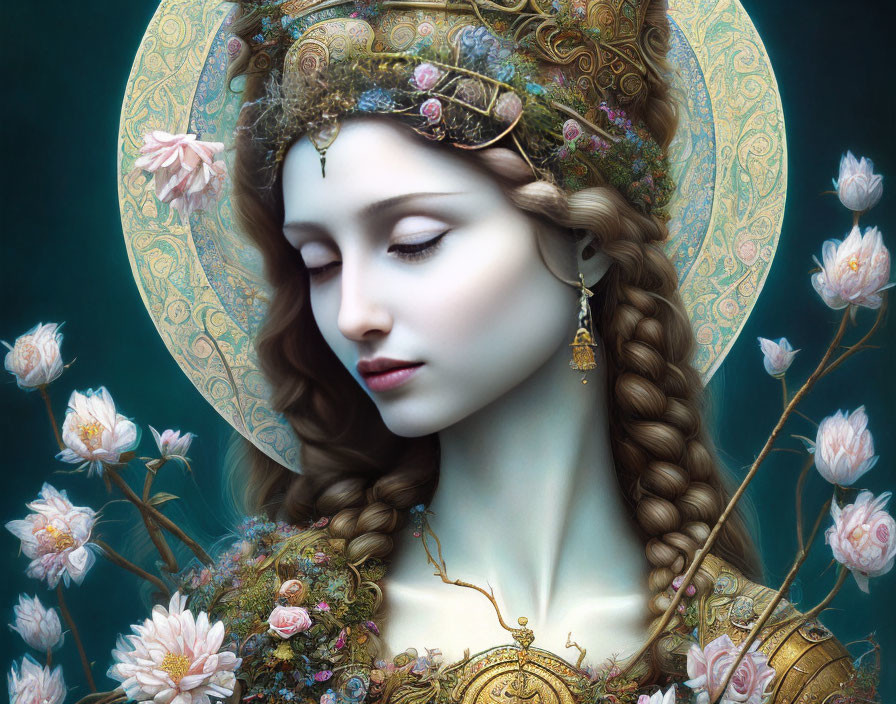Ethereal woman with braided hair and golden halo in floral setting