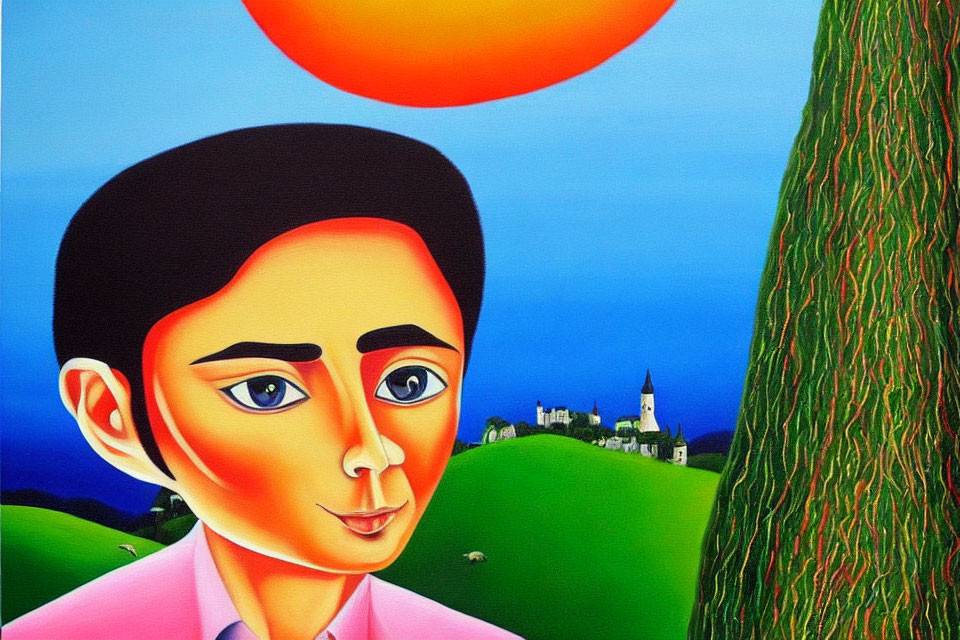 Colorful painting of stylized figure with large eye and landscape background.