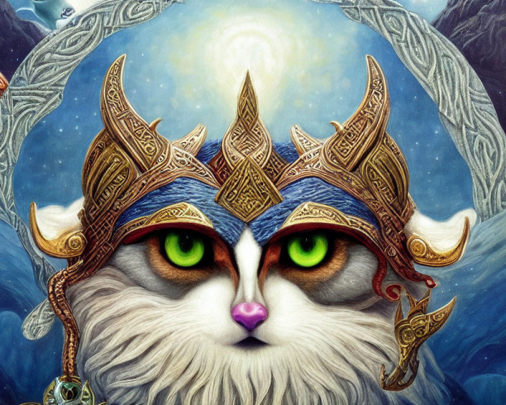 Cat with Green Eyes in Fantasy Helmet on Mystical Background