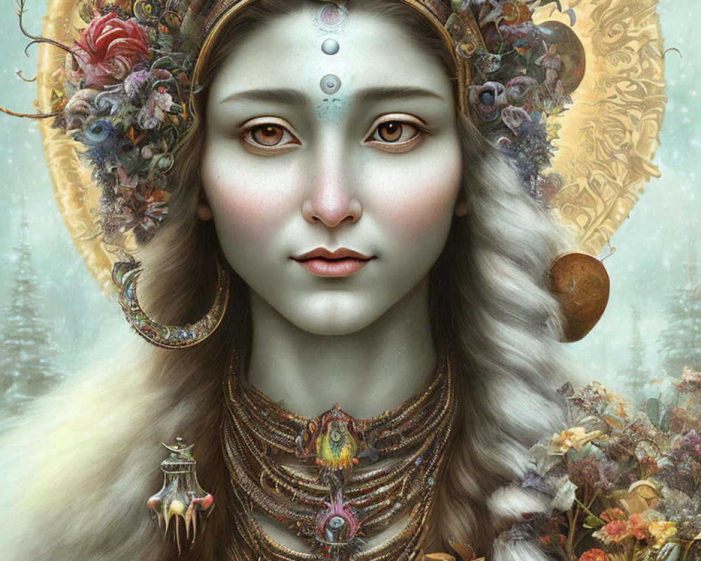 Fantasy portrait of woman with ornate halo, detailed jewelry, serene expression, floral motif in snowy