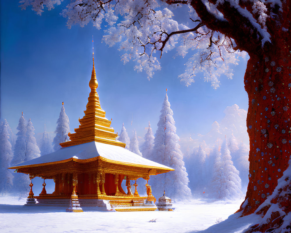 Golden Pagoda in Snowy Landscape with Frost-Covered Trees