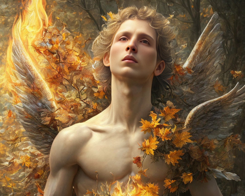 Fantastical being with fiery autumn leaves wings in woodland scene