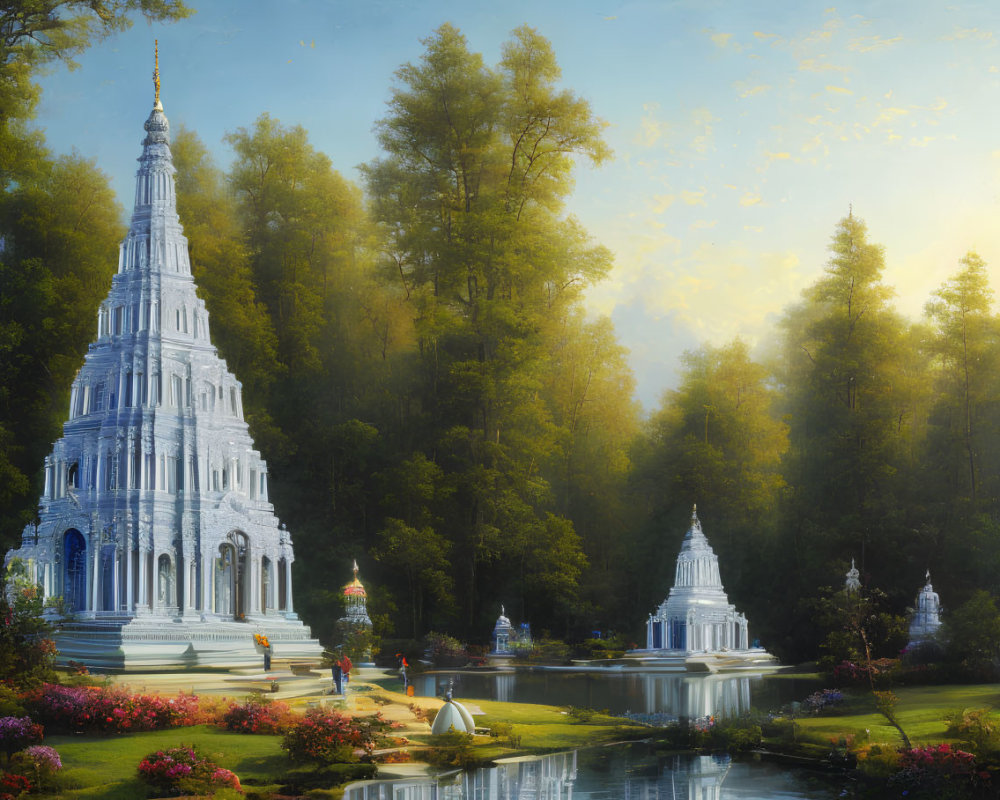 Ethereal white temple in lush green landscape