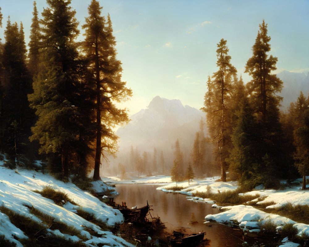 Snowy Pine Forest with Riverbank and Mountain Peak in Winter Landscape