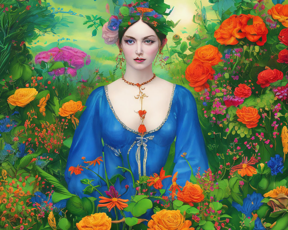Colorful digital painting of woman in floral dress in vibrant garden