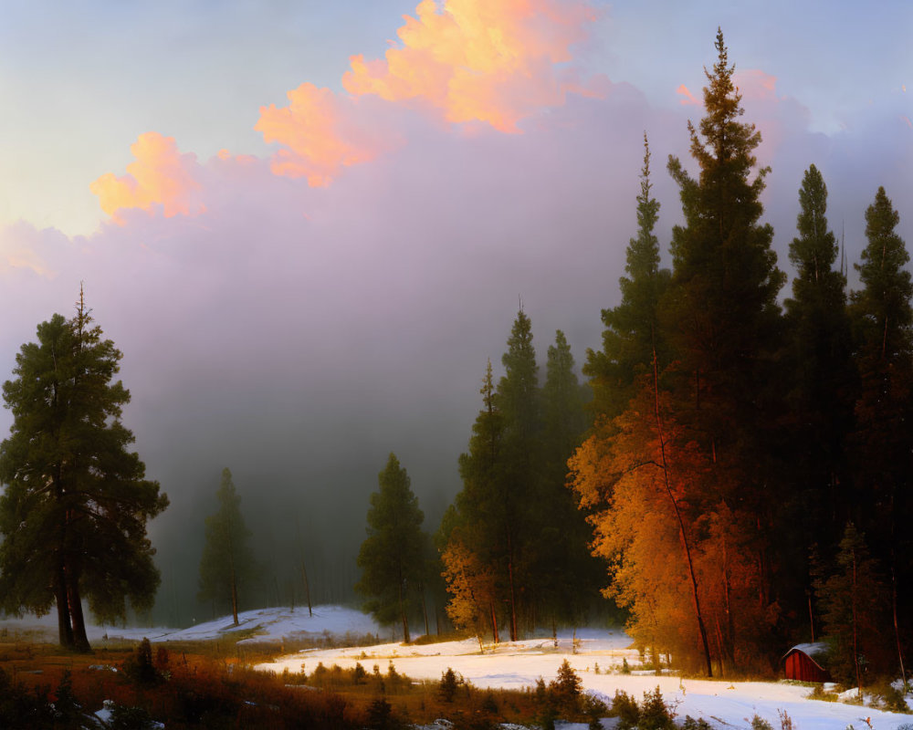 Snowy Landscape with Tall Trees, Red Cabin, and Twilight Sky