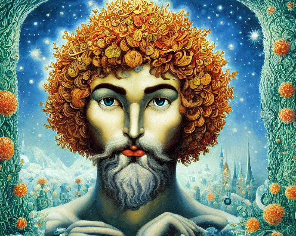 Fantastical Artwork: Tree-like Beard, Fiery Hair, Enchanted Forest & Star