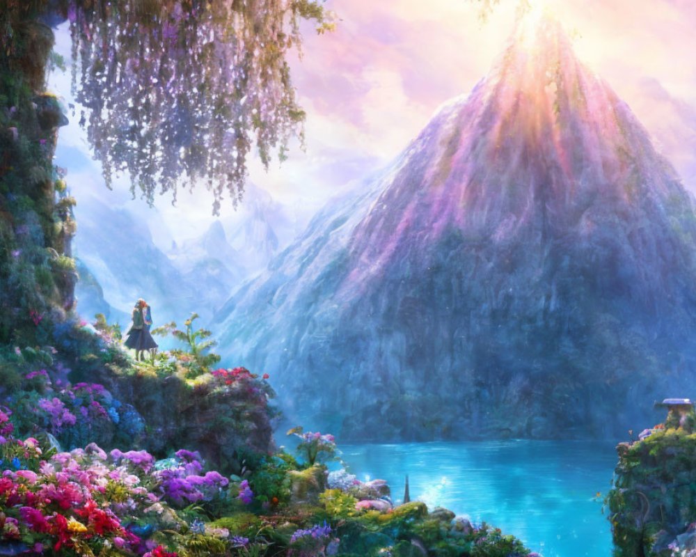 Colorful fantasy landscape with luminous mountain, crystal-clear lake, lush flora.