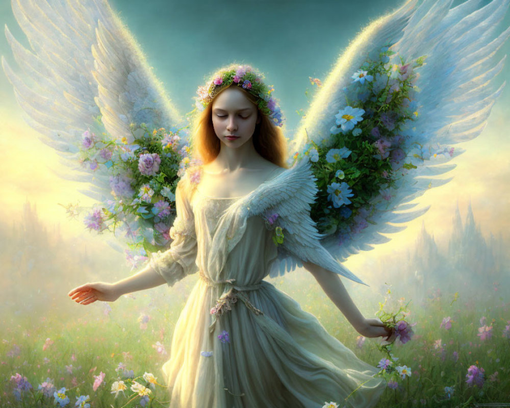 Angel with flower-adorned wings in pastel dress above misty meadow
