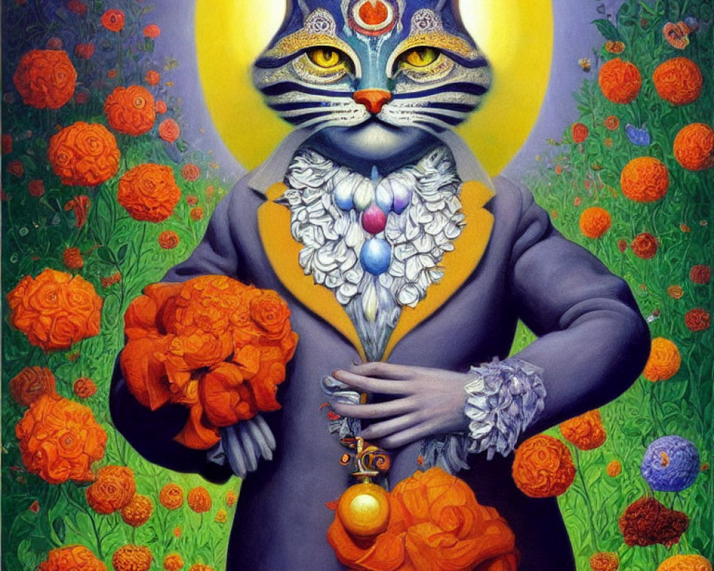 Colorful anthropomorphic cat painting with moon and flowers in the background