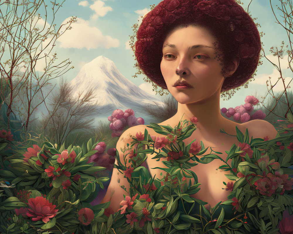 Woman portrait merges with floral motif against mountain backdrop