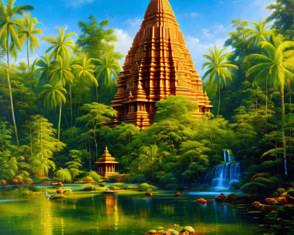 Tranquil tropical landscape with pagoda, waterfall, and pond